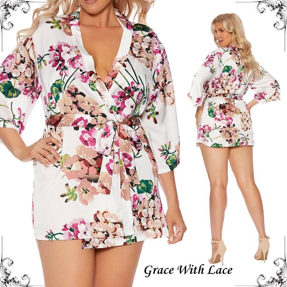 Elegant Moments Other - Plus Floral Satin Robe Short Kimono Plus Size Lingerie